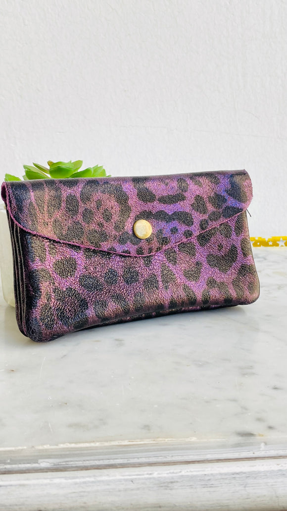 Porte feuille cuir - leopard violet