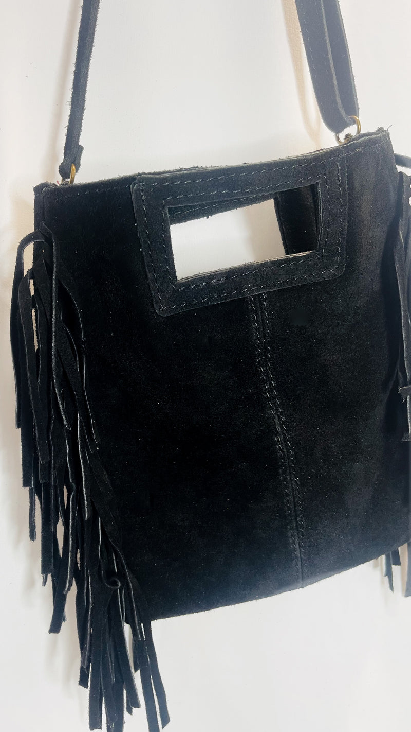 Sac bandoulière - à franges -peau- Noir