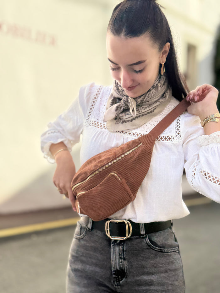 Sac banane femme effet velours – Marine, noir et camel