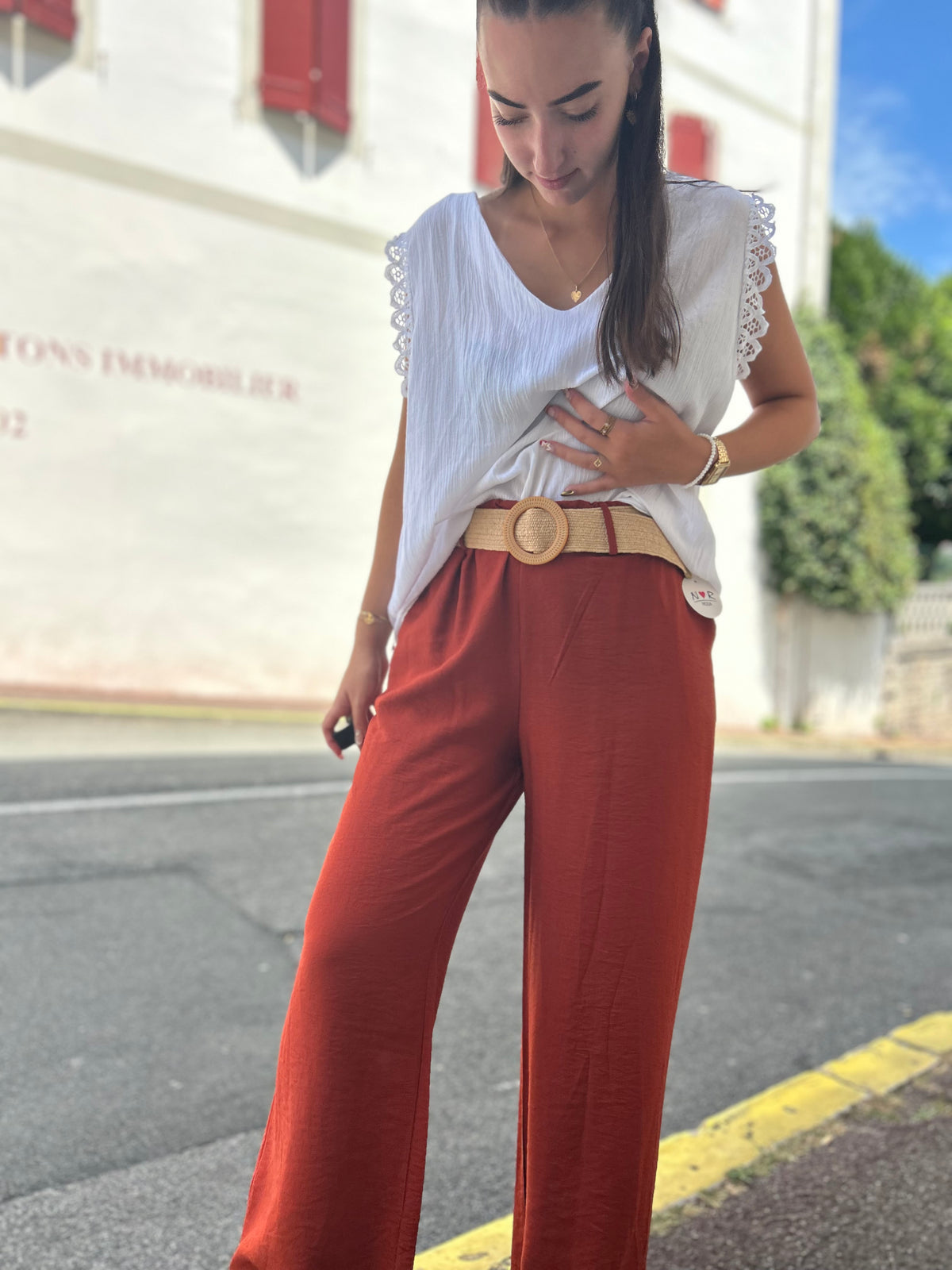 Pantalon Fluide Taille Élastique + Ceinture Rafia