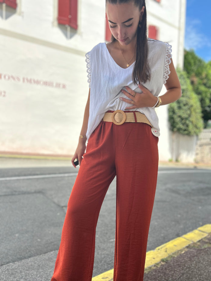 Pantalon Fluide Taille Élastique + Ceinture Rafia
