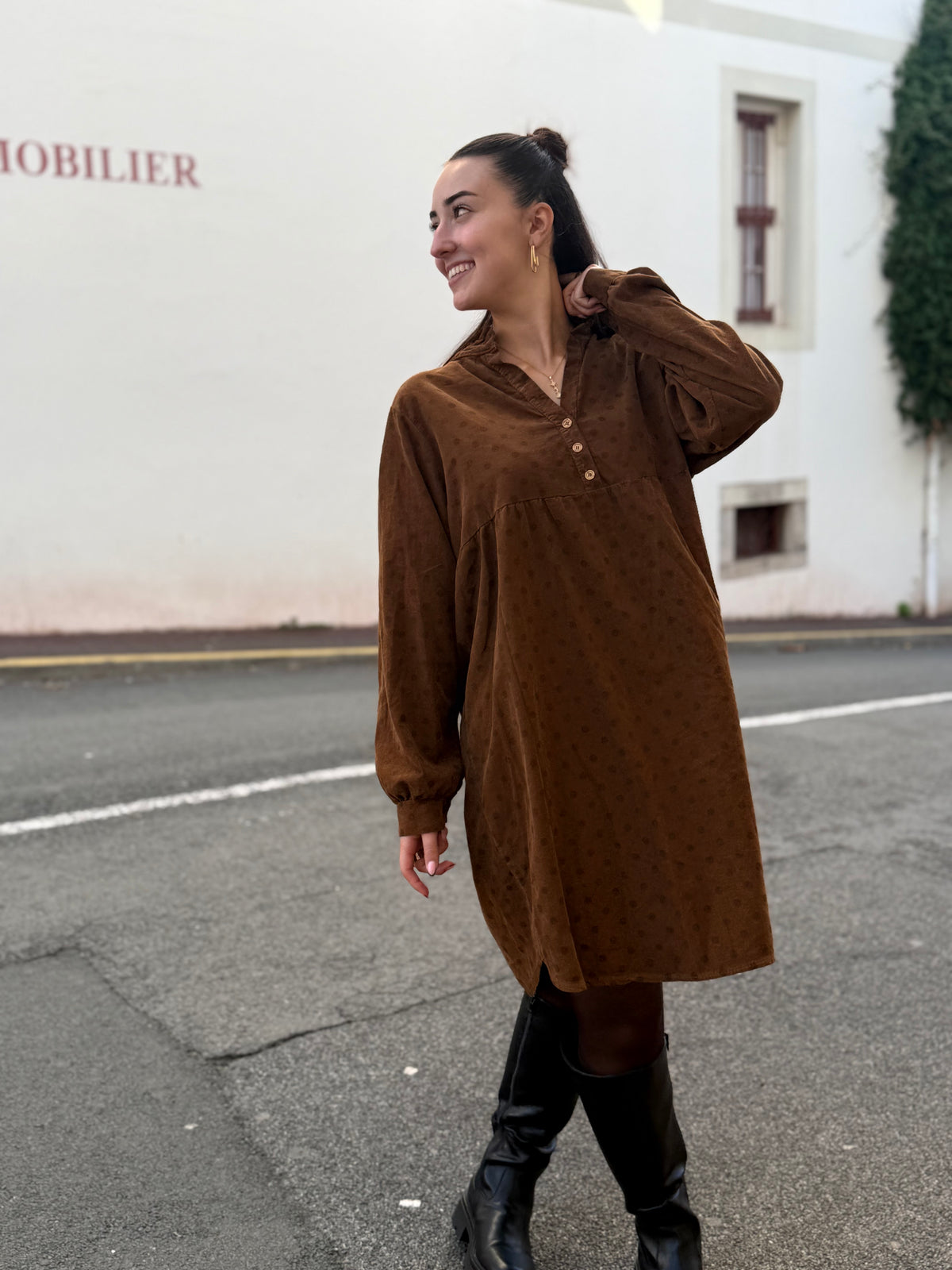 Robe courte à pois femme, effet velours fin