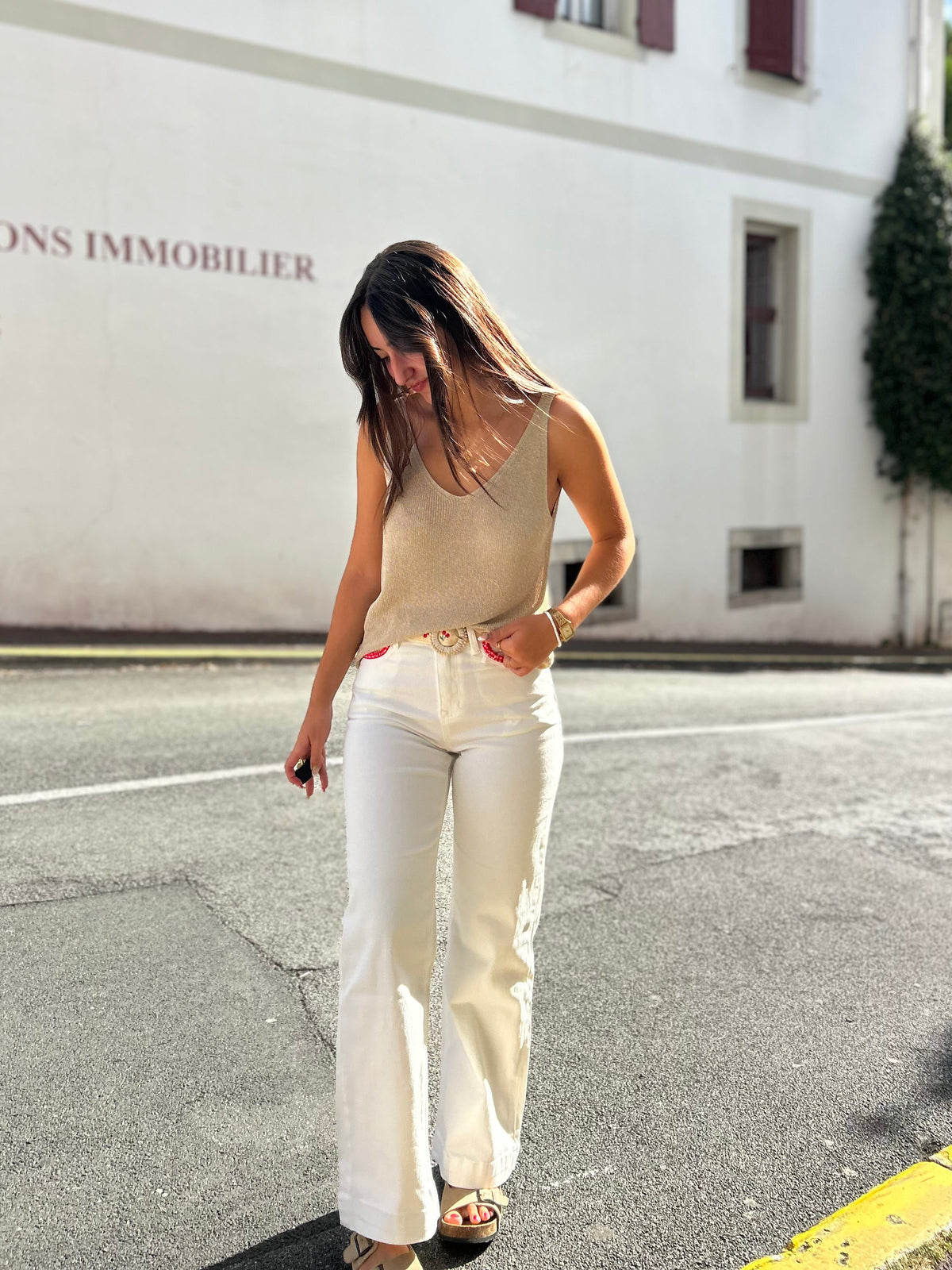 Jean Blanc Ceinture Cerises