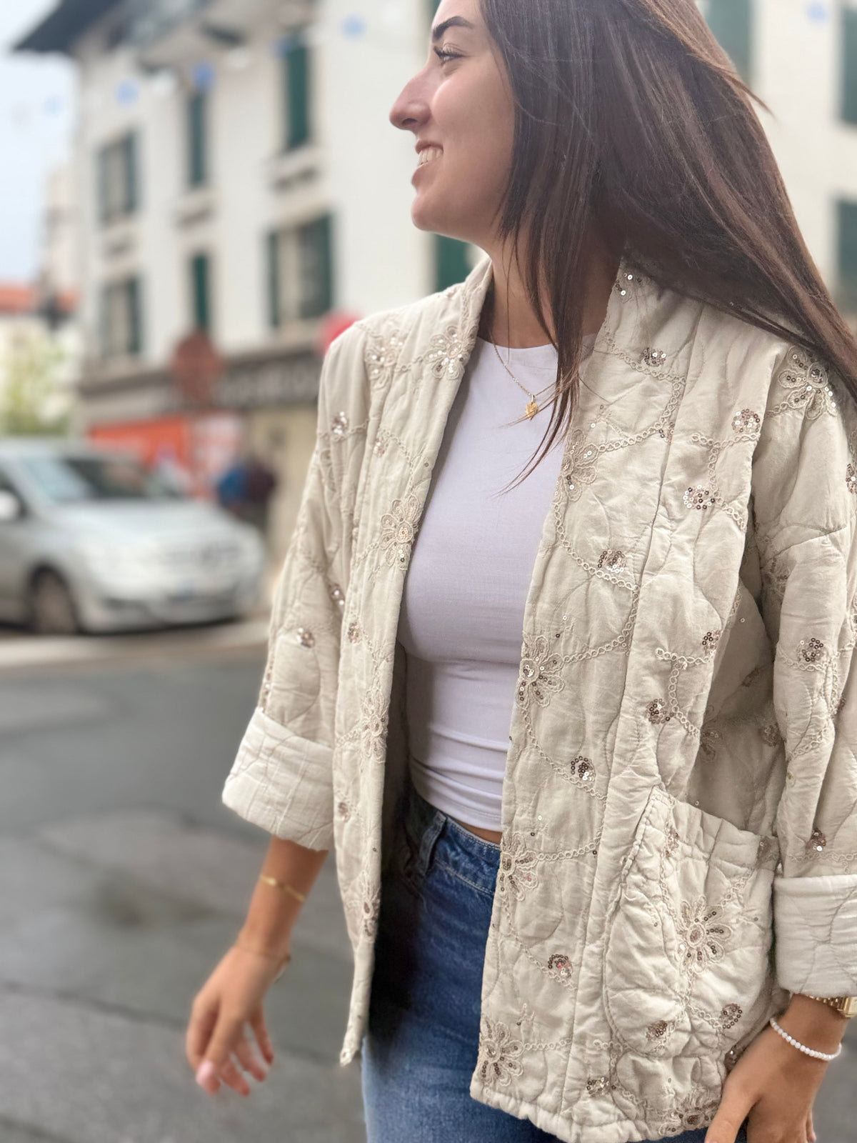 Veste Kimono Brodée & Sequins – Écru