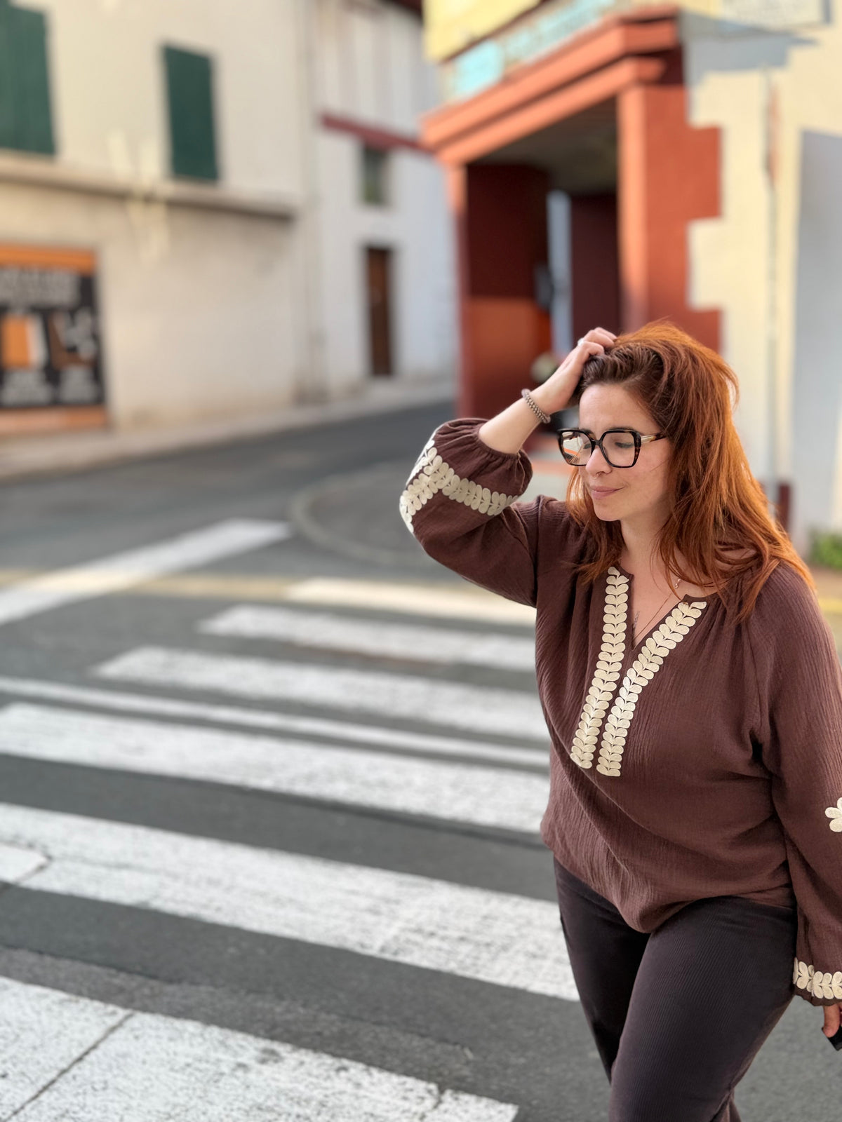 Blouse Chocolat Gaze de Coton Brodée