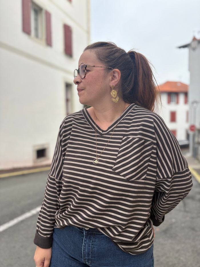 Haut marinière col V grande taille 100% coton