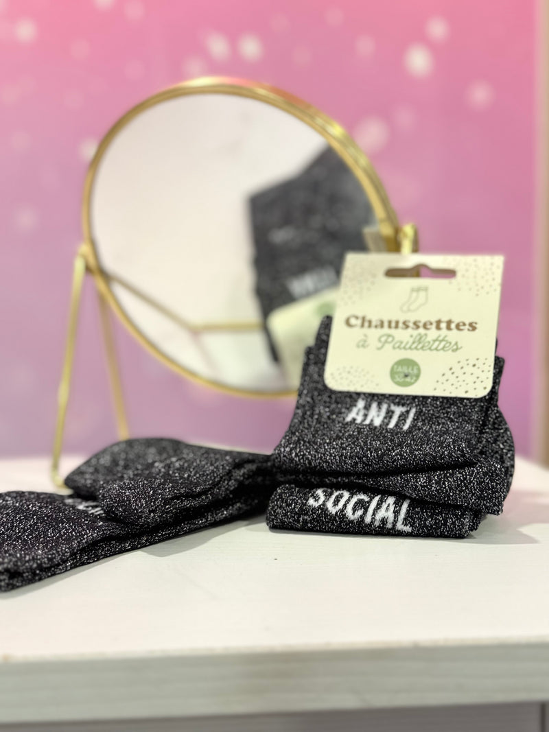 🧦 Chaussettes Glitter "ANTI / SOCIAL" – Pour Briller... à Distance