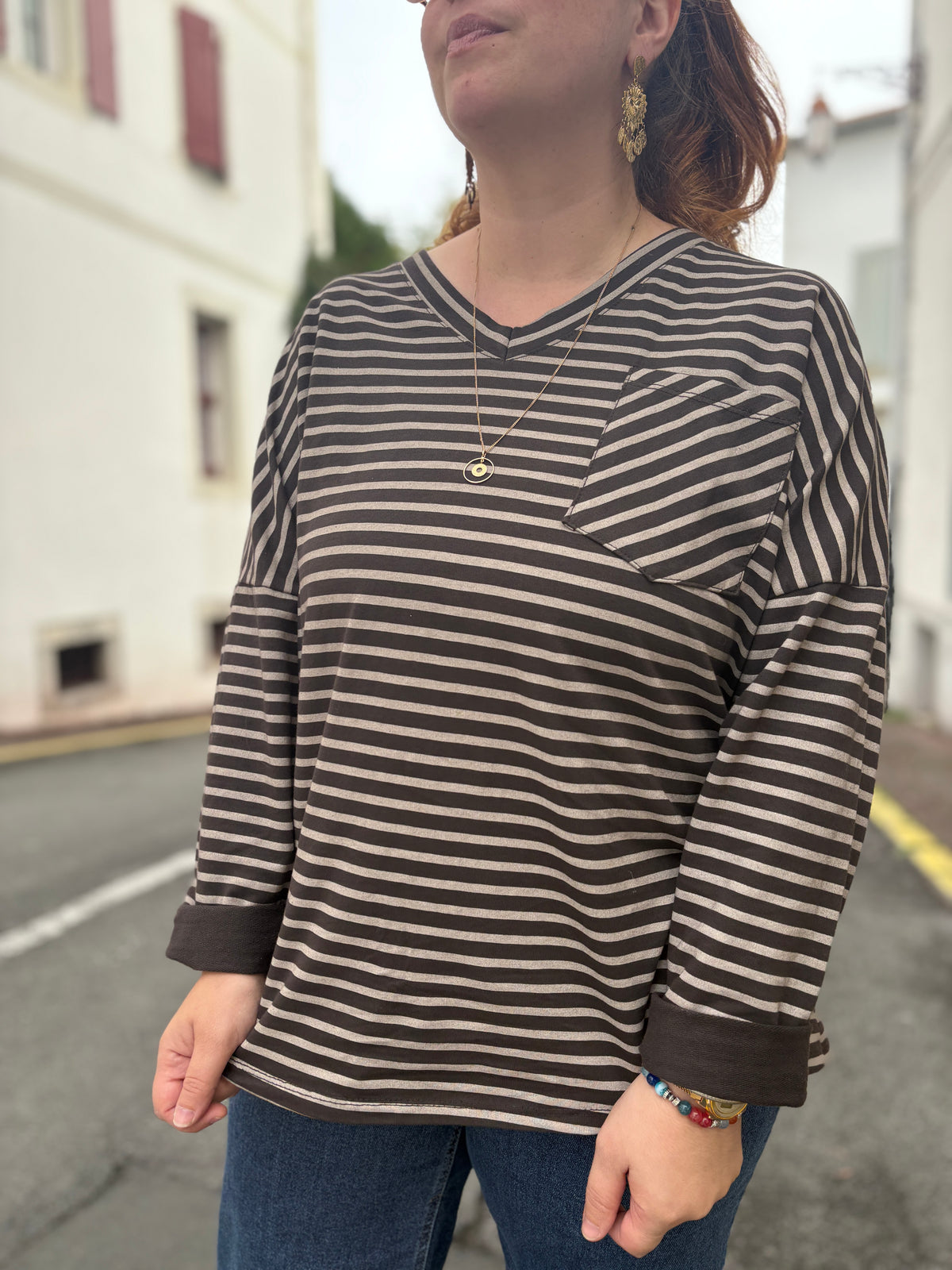 Haut marinière col V grande taille 100% coton
