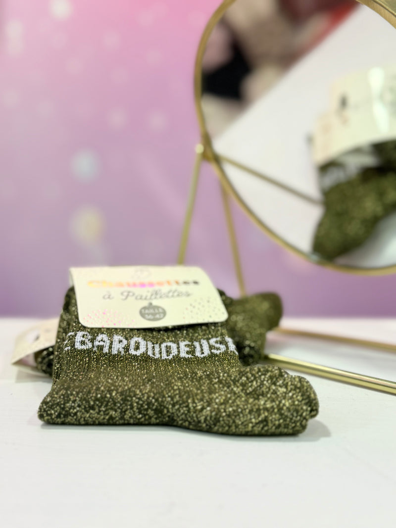 🧦 Chaussettes Glitter "BAROUDEUSE" – Pour les Aventurières du Quotidien (avec style)
