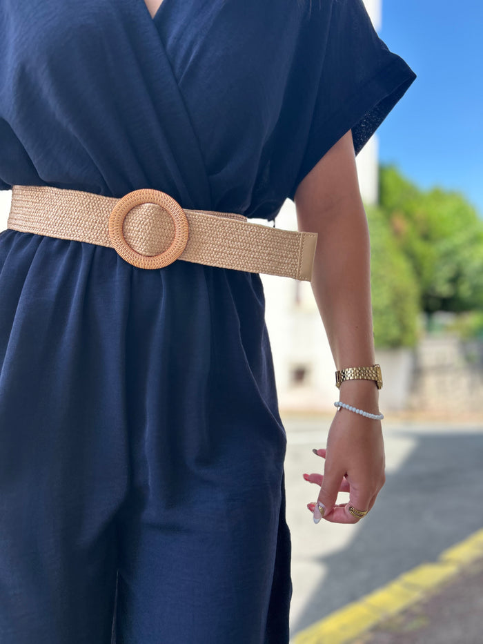 Combinaison Fluide avec Ceinture Raphia – Marine