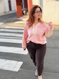 Blouse Rose Poudré Gaze de Coton Brodée