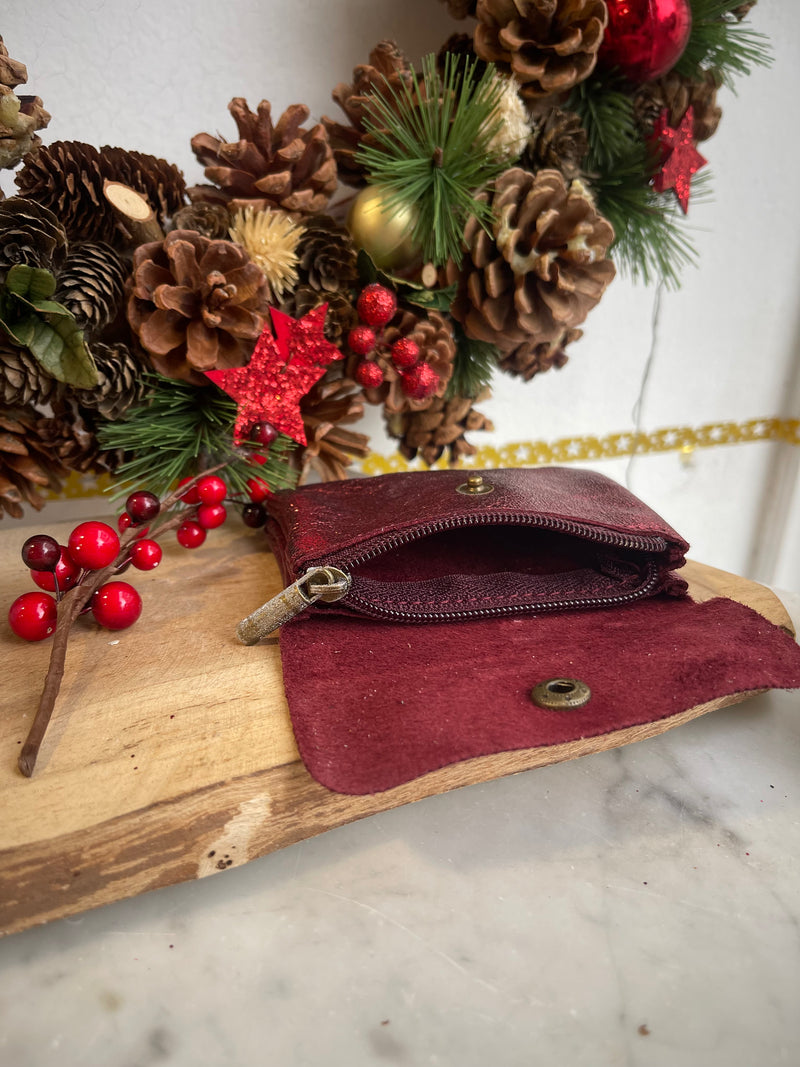 Porte monnaie Cuir véritable-rouge métallisé