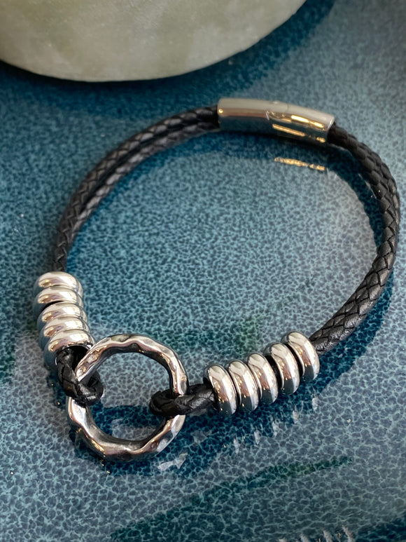 Bracelet Homme - Acier inoxydable et cuir - médaillon martelé