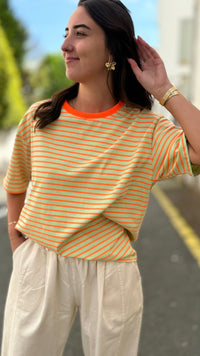 T-shirt Rayé Vert d'Eau & Orange Fluo – 100% Coton Été 2026