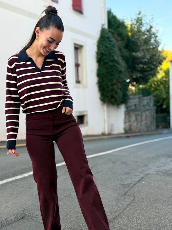 Pull femme col polo rayé bordeaux et crème – cœur brodé