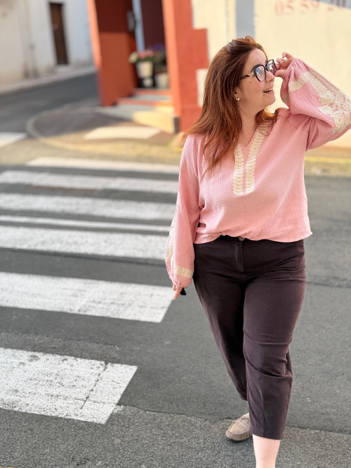 Blouse Rose Poudré Gaze de Coton Brodée