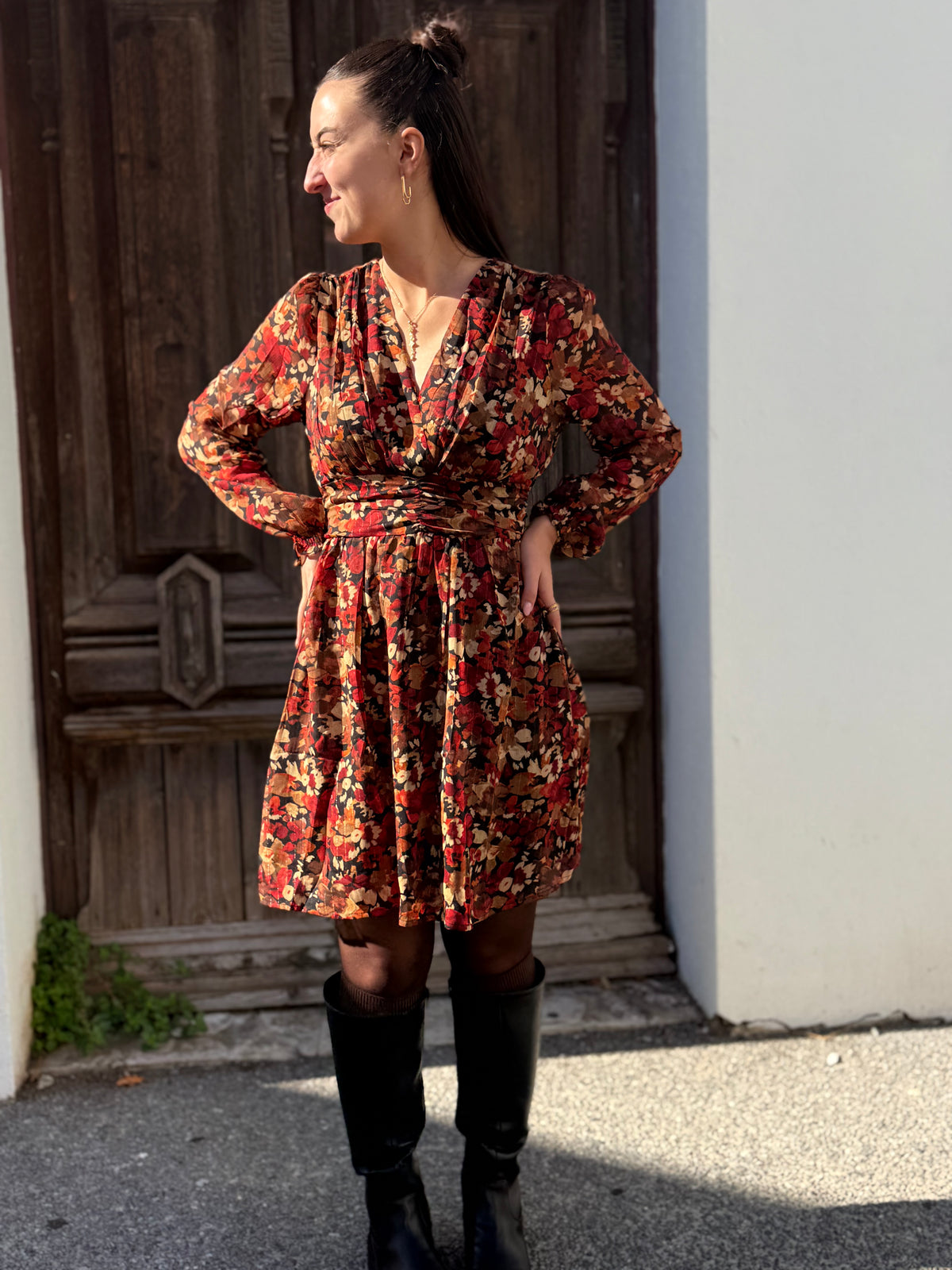 Robe fleurie d’automne doublée dos smocké