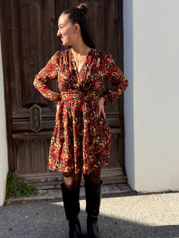 Robe fleurie d’automne doublée dos smocké