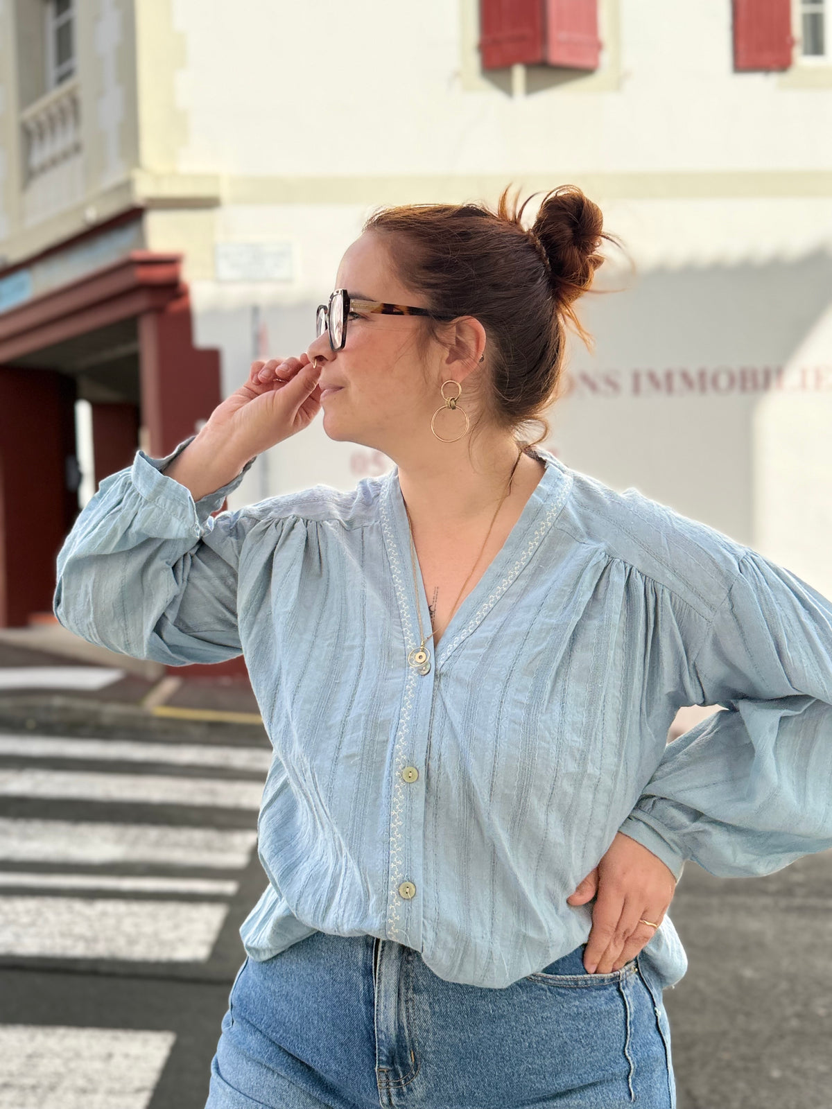 Blouse Femme Oversize Effet Jean Brodée