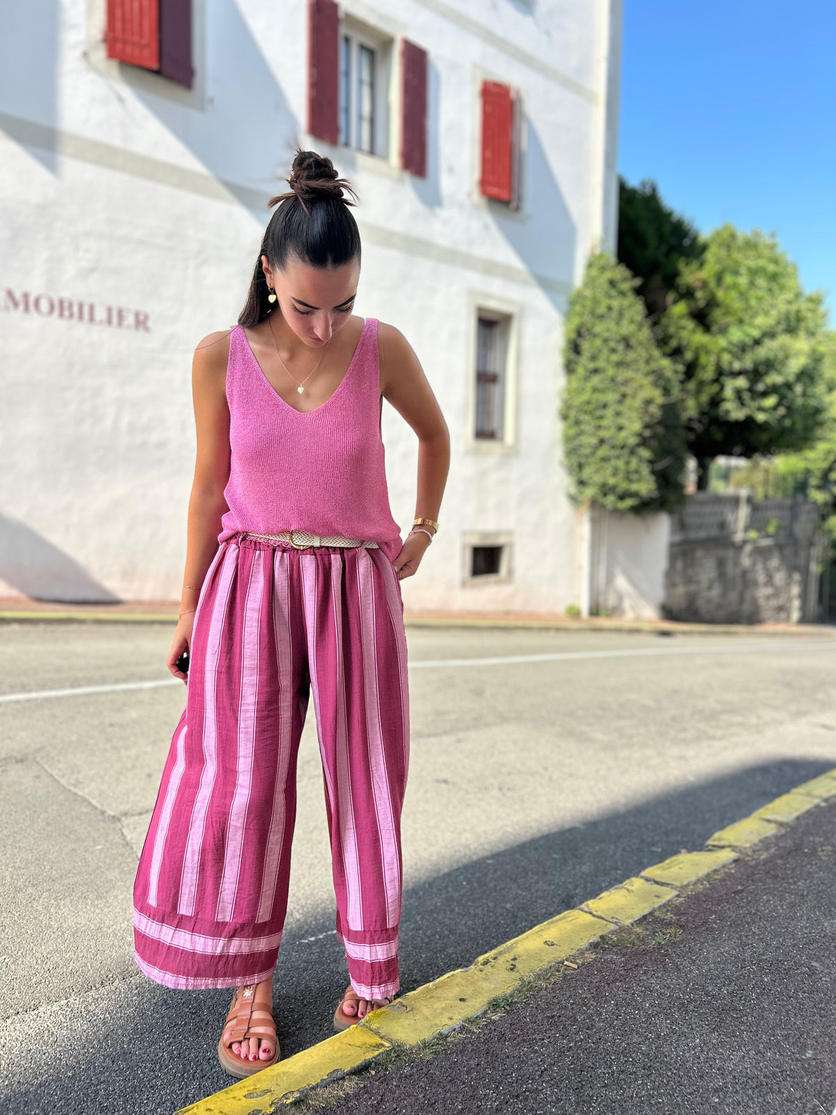 Pantalon Court Rayé – Coupe Large & Légère | Viscose Fluide
