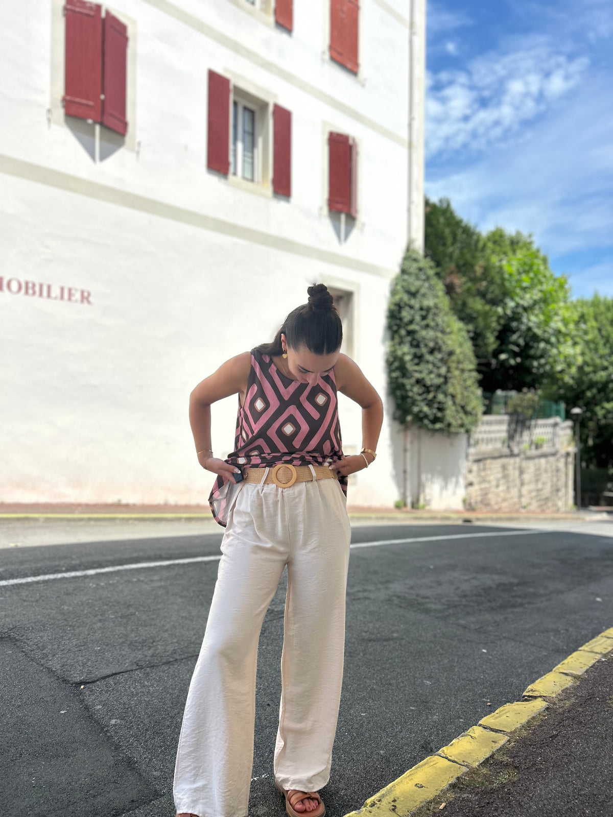 Pantalon Fluide Taille Élastique + Ceinture Rafia