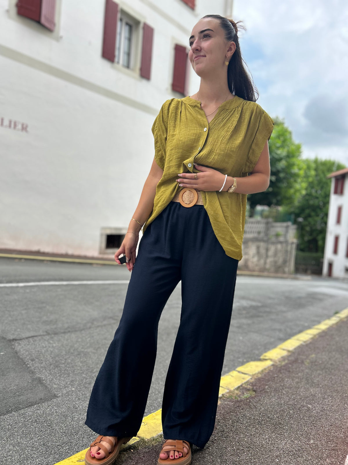 Pantalon Fluide Taille Élastique + Ceinture Rafia
