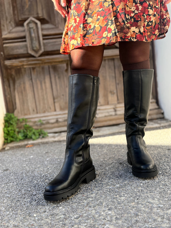 Bottes hautes noires femme pour mollets larges, tige ajustable