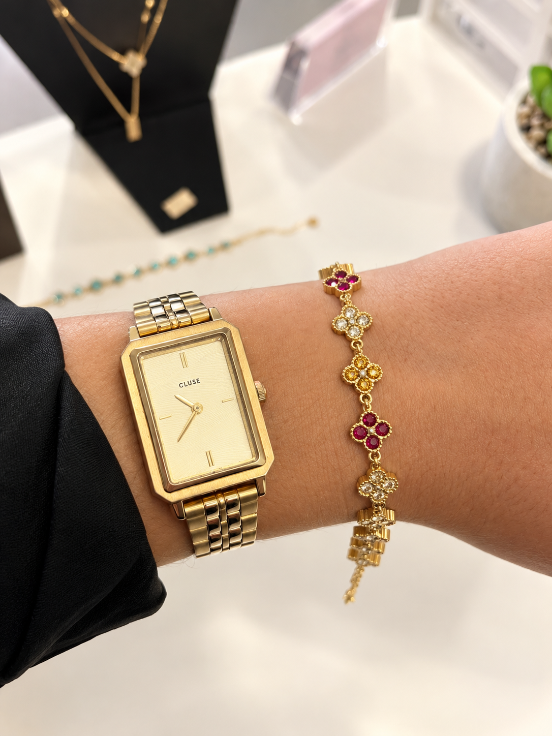 Bracelet doré femme en acier inoxydable – Trèfles colorés