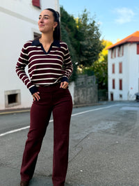 Pull femme col polo rayé bordeaux et crème – cœur brodé
