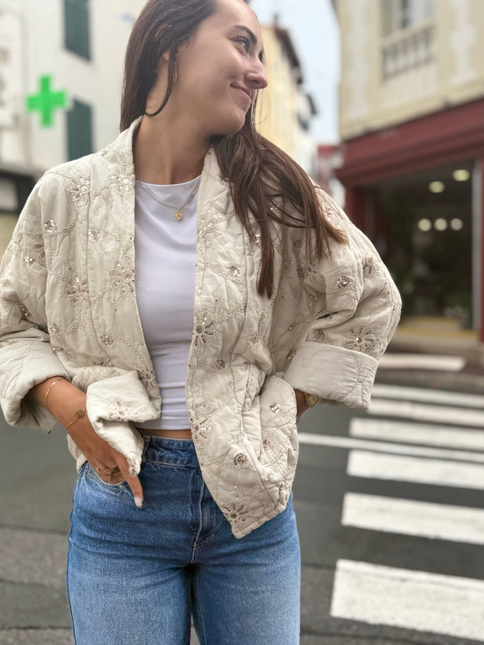 Veste Kimono Brodée & Sequins – Écru