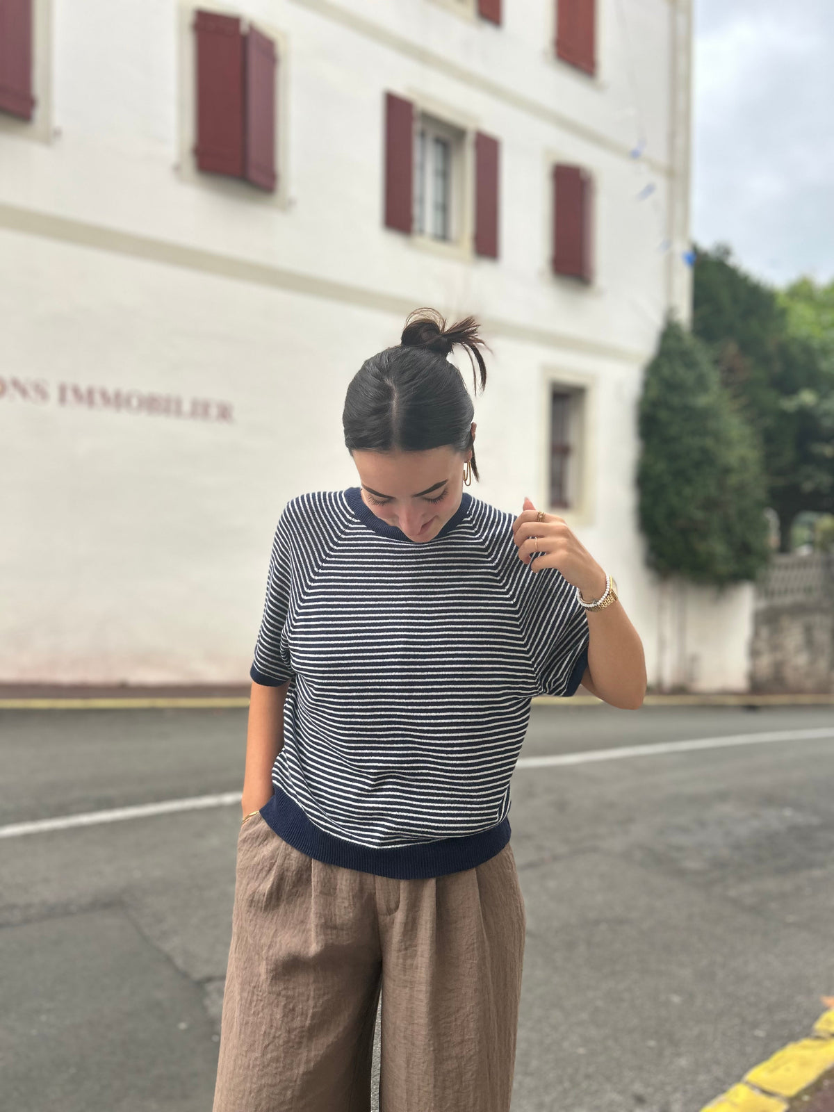 Pull Rayé Manches Courtes – Taille Unique | Beige, Bleu Marine, Vert