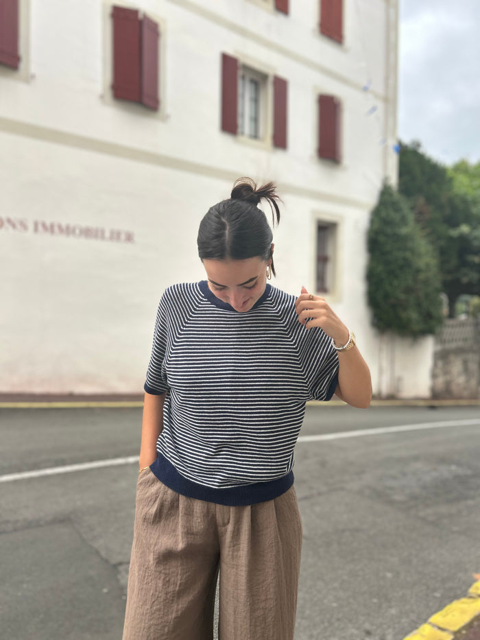 Pull Rayé Manches Courtes – Taille Unique | Beige, Bleu Marine, Vert