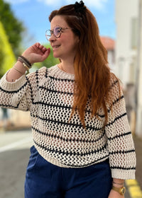 Pull Maille Ajourée Crème & Bleu – Esprit Bohème Été 2026