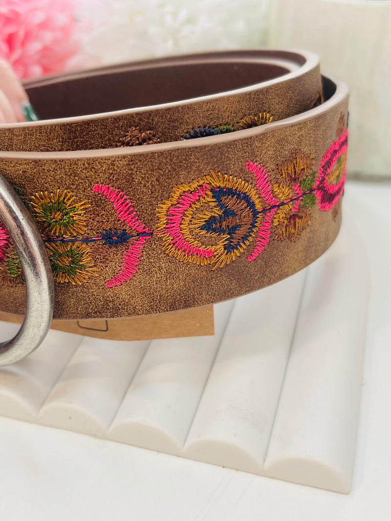 Ceinture brodée -fleur- «marron