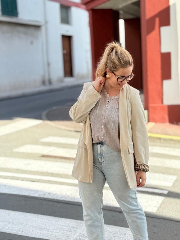 🤍 Blazer fluide beige intérieur léopard – Italie