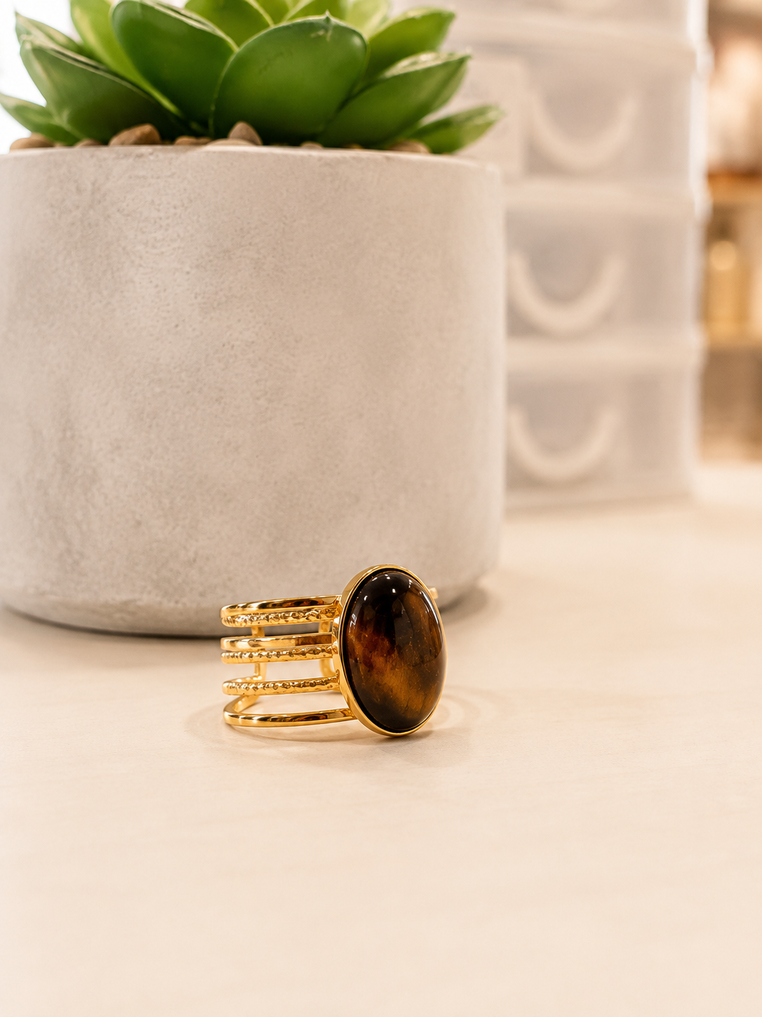 Bague Acier Inoxydable Dorée & Pierre Synthétique Marron – Collection Modadom ✨