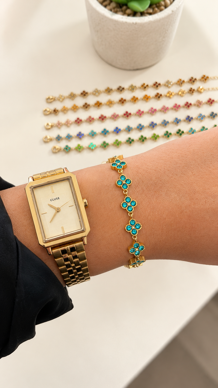 Bracelet doré femme en acier inoxydable – Trèfles colorés