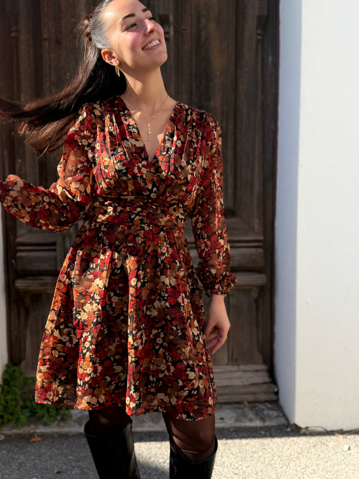 Robe fleurie d’automne doublée dos smocké