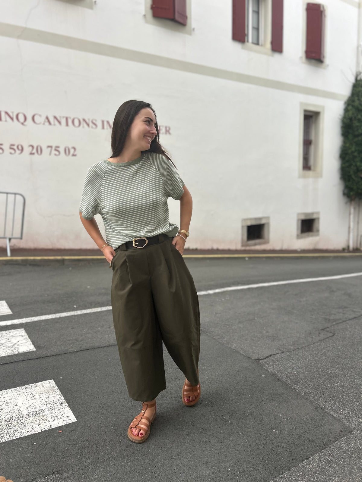 Pull Rayé Manches Courtes – Taille Unique | Beige, Bleu Marine, Vert