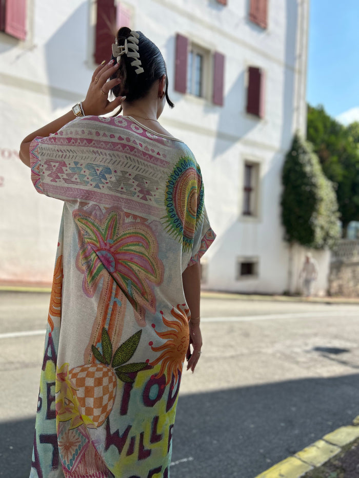 Robe longue paillettes beige Wild One – imprimé floral et motifs boho, vue de dos