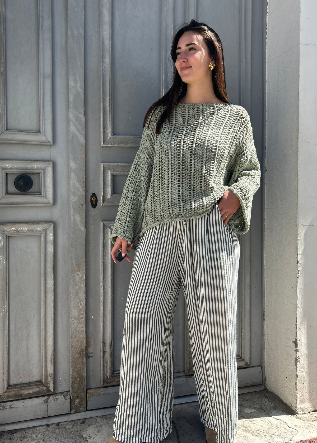 Pantalon gaze de coton palazzo Vert 