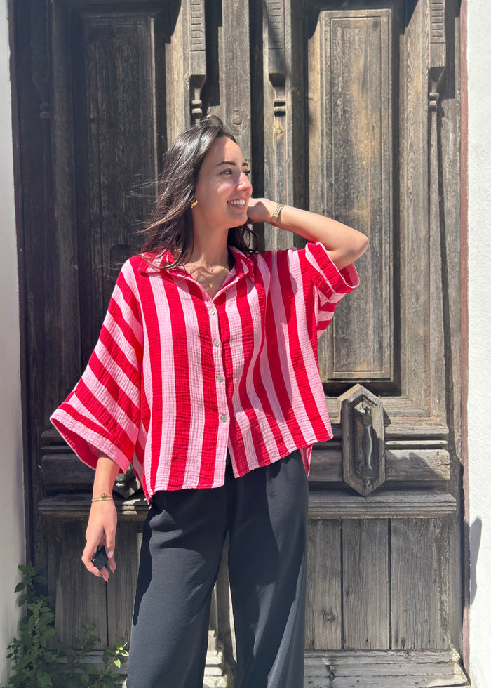 Chemise en Gaze de Coton Rayée – Rose & Rouge Été 2026