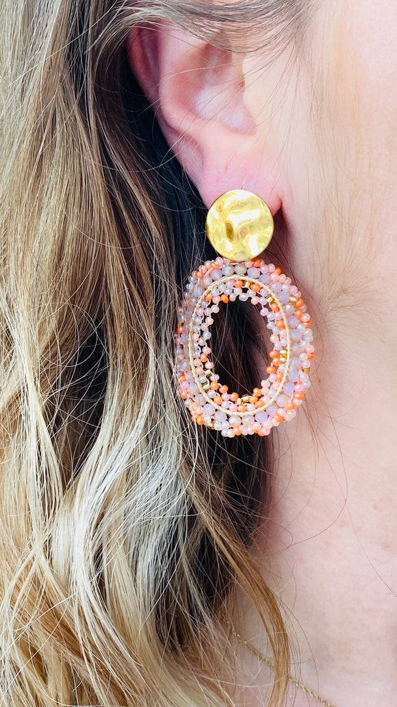 Boucles d’oreille acier - Perles nuance d'orange et dorées