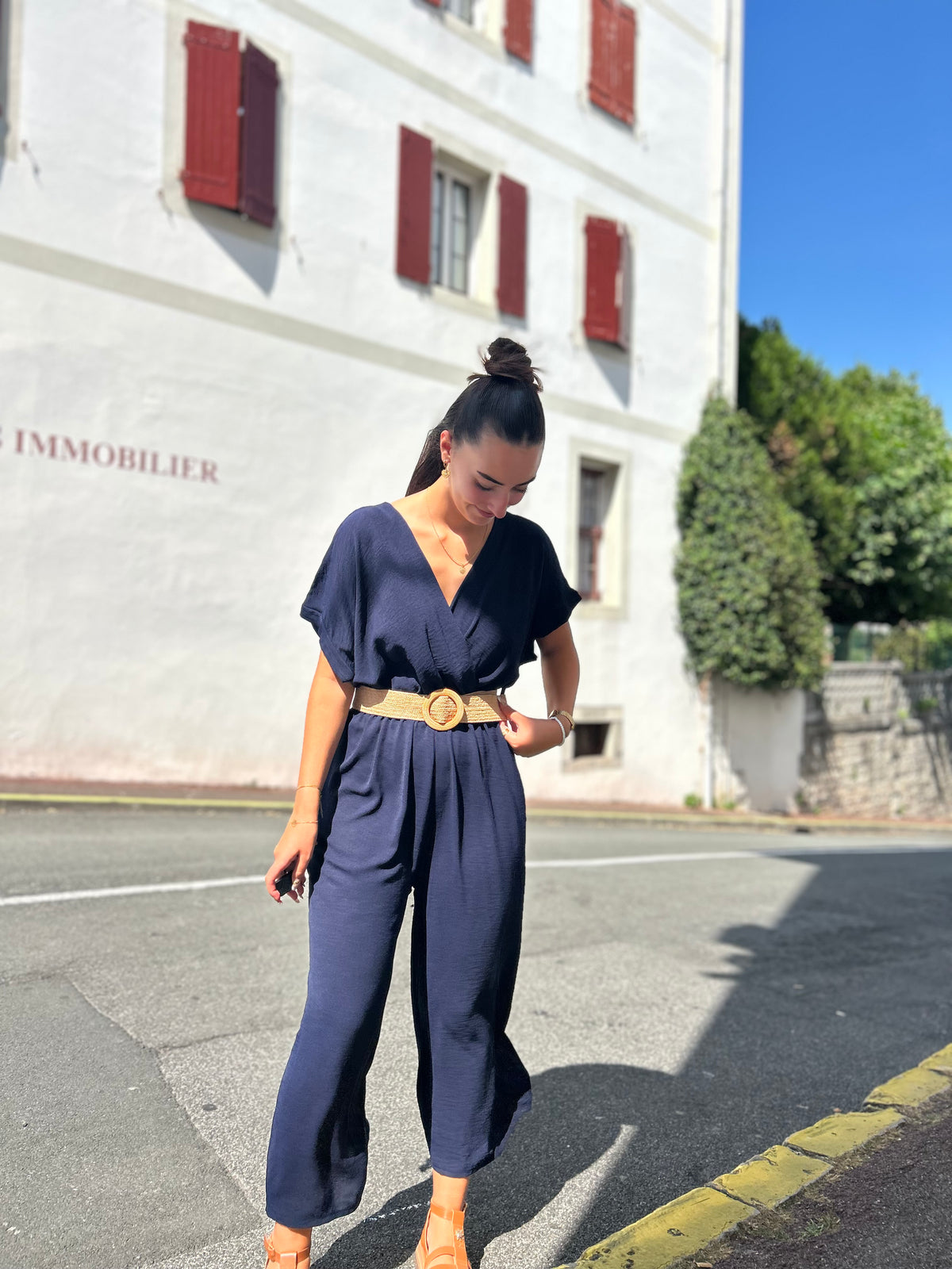 Combinaison Fluide avec Ceinture Raphia – Marine