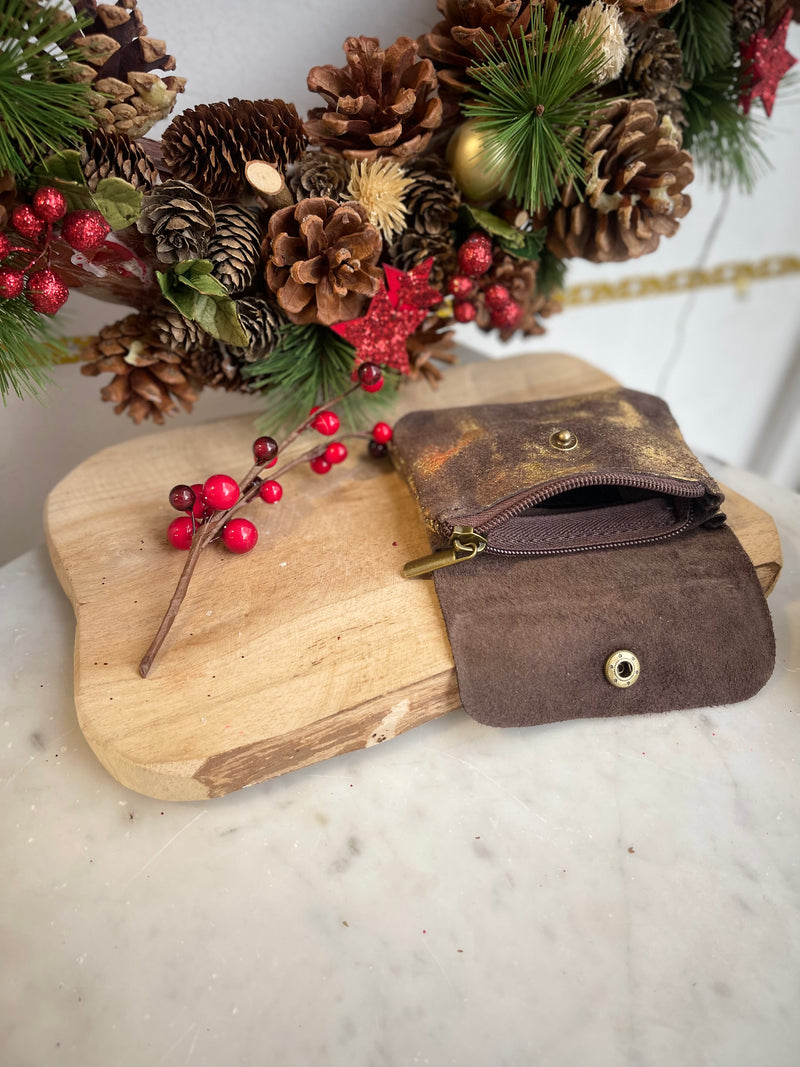 Porte monnaie Cuir véritable-marron et irisé doré