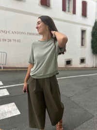 Pull Rayé Manches Courtes – Taille Unique | Beige, Bleu Marine, Vert