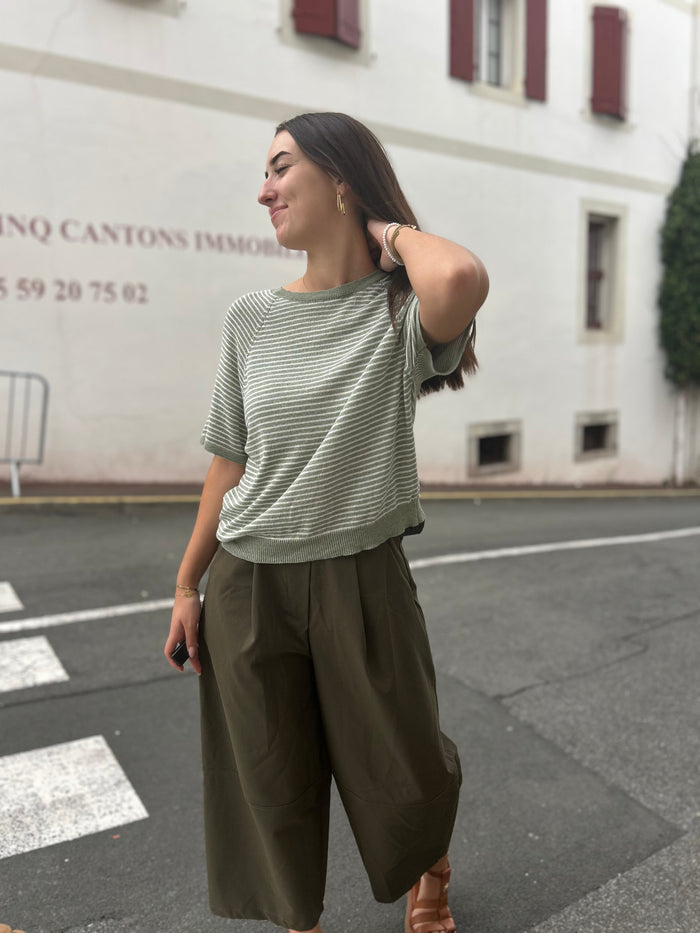 Pull Rayé Manches Courtes – Taille Unique | Beige, Bleu Marine, Vert