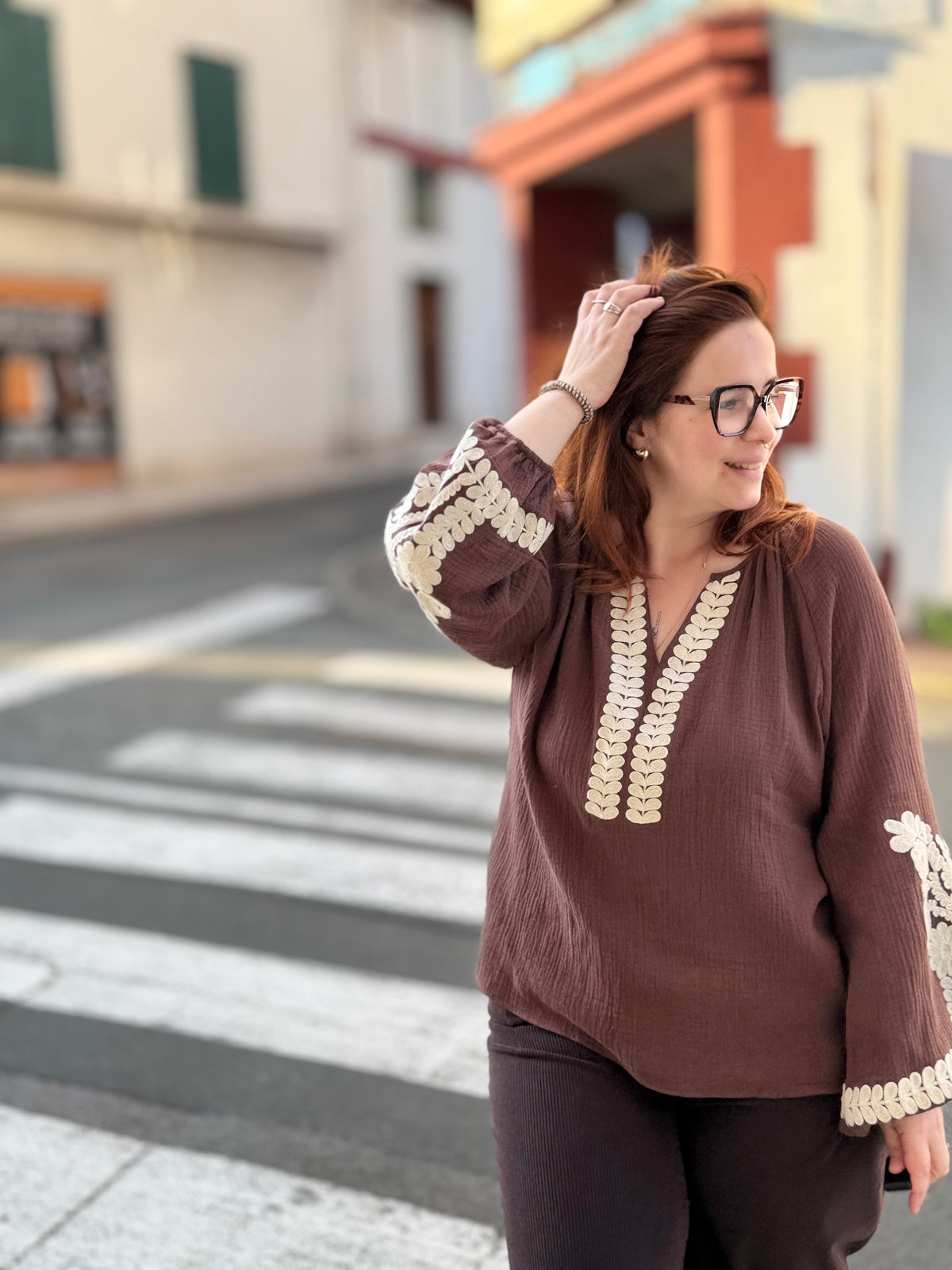 Blouse Chocolat Gaze de Coton Brodée