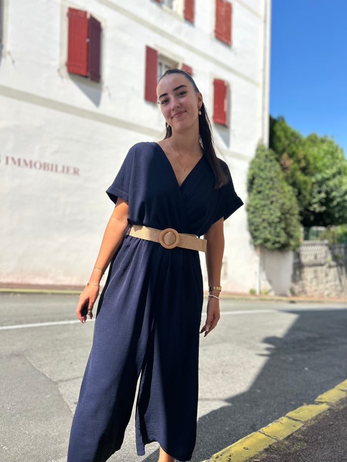 Combinaison Fluide avec Ceinture Raphia – Marine
