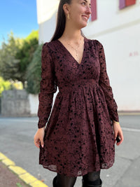 Robe fleurie chocolat femme à dos smocké